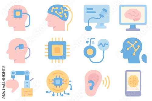 Neural technology vector illustration - brain interface and microchip concepts for technological design