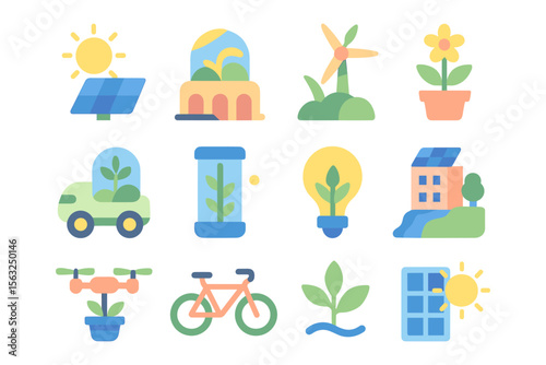 Eco-friendly solutions vector illustration: sustainable energy and green living design in flat style
