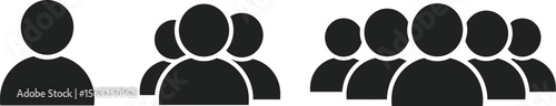 Minimalist vector people group icons with small, medium, and large group symbols, simple silhouette style for app, UI, and website design