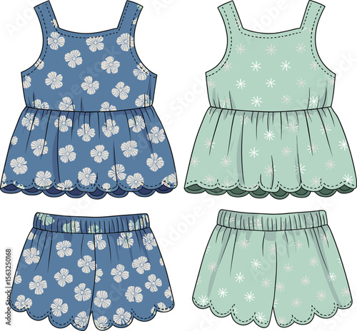 Cute floral printed baby girl clothing set, includes top and shorts, scalloped edges, summer toddler outfit, vector fashion flat sketch, apparel template.