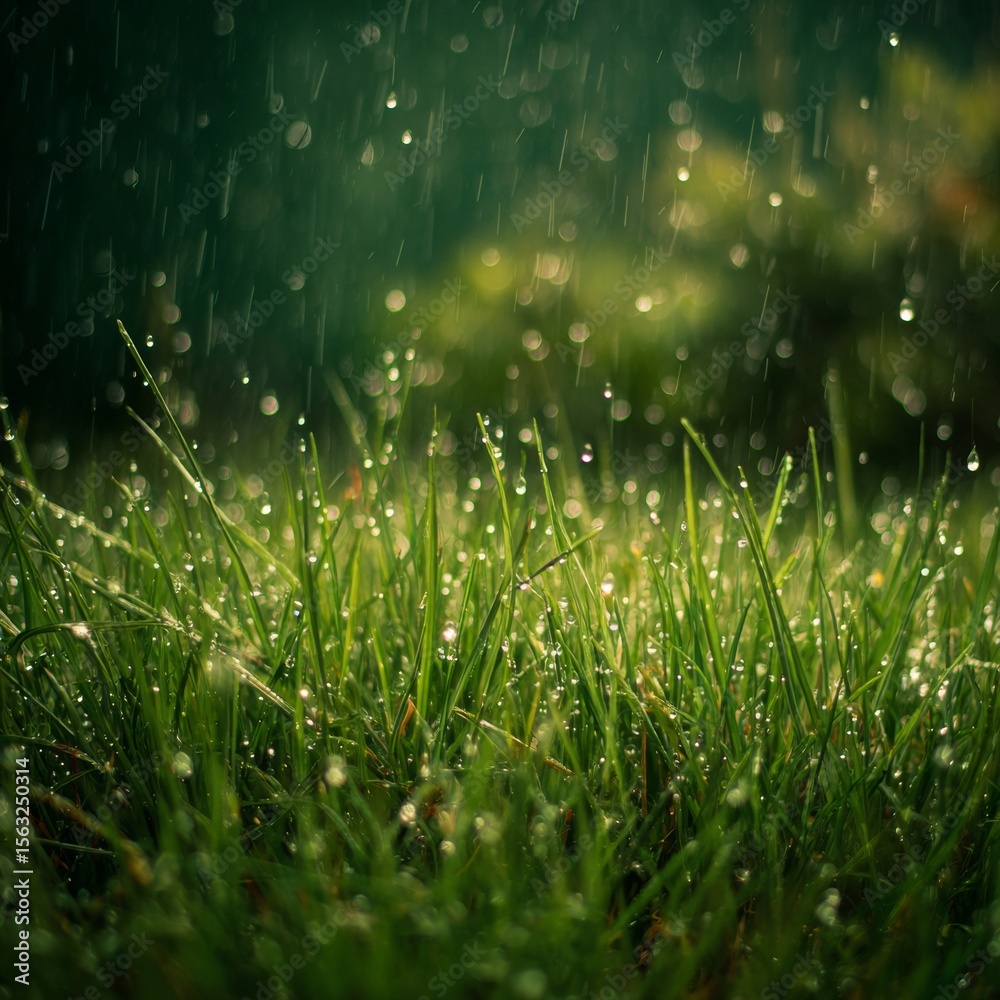 Fototapeta premium Dewy Grass Under Rain Drops in a Serene Natural Setting