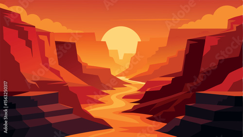Sunset over Canyon River:  Dramatic, stylized vector illustration of a fiery orange desert landscape with a winding river at golden hour, showcasing bold geometric shapes and a tranquil mood.