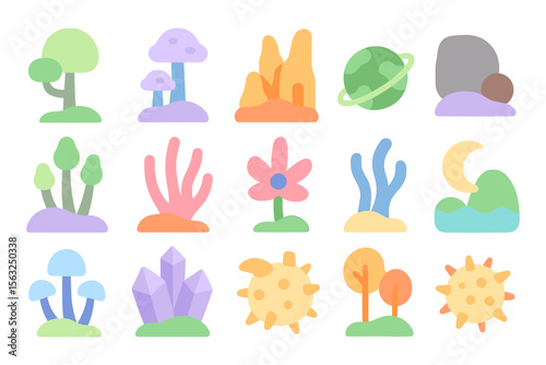 Whimsical nature icons vector illustration for print and digital design in flat style