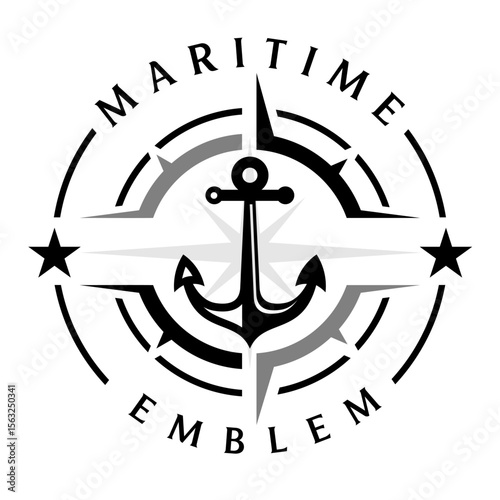 Anchor with compass logo emblem, maritime nautical rounded rope symbol, windrose circle shape element, vector logo