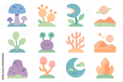 Whimsical alien landscapes vector illustration for creative design in flat style