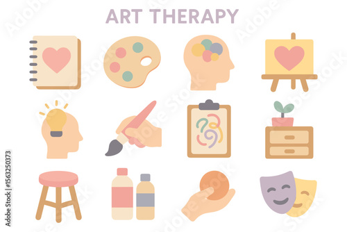 Art therapy vector illustration: creative expression elements for wellbeing design in flat style