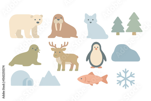 Arctic wildlife and landscapes vector illustration for educational design in flat style