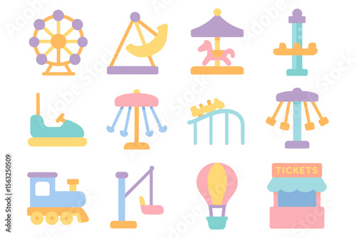 Amusement park attractions vector illustration in pastel colors for design and print use