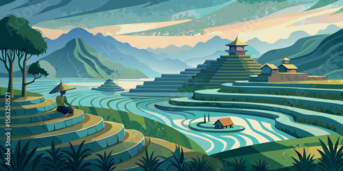 Serene Asian Rice Terraces:  Tranquil Landscape Painting,  Woman Contemplating View,  Peaceful Mood,  Vibrant Colors,  Cultural Heritage.