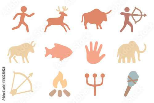 Prehistoric symbols vector illustration: ancient cave paintings design in flat style for posters and learning materials