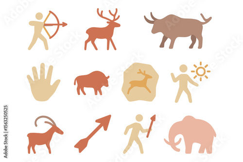 Prehistoric life vector illustration: flat style icons for educational design, featuring ancient humans and wildlife
