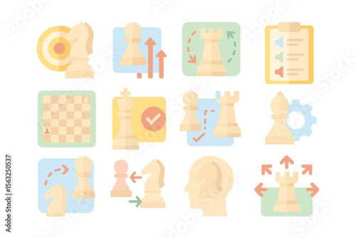 Chess strategy symbols vector illustration: flat style icons for game design and learning resources