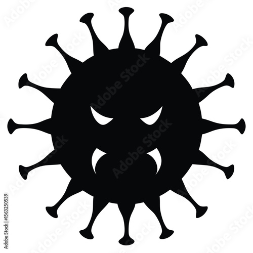 Black virus silhouette with sharp teeth and angry eyes white microscopic