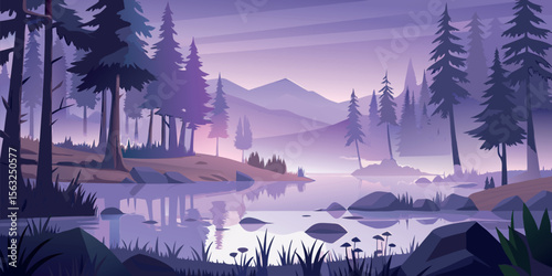 Serene Purple Twilight: Misty Mountain Lake, Silhouetted Pine Forest, Tranquil Vector Landscape Illustration, Peaceful Nature Scene.
