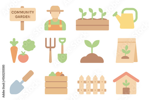 Community garden tools and vegetables vector illustration: flat style design for prints and posters