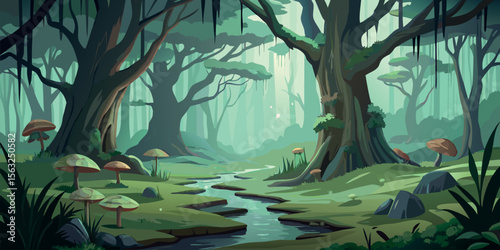 Enchanted Forest Stream: Lush Green Fantasy Illustration, Mystical Mood,  Tranquil Creek,  Giant Trees,  Magical Mushrooms,  Vector Art,  Game Background.