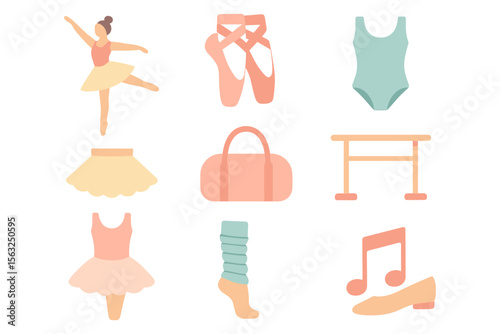 Ballet essentials vector illustration: flat style dance elements for design