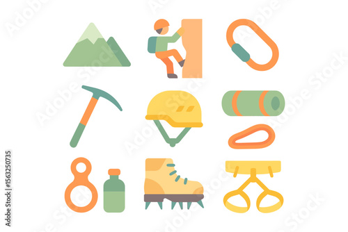 Rock climbing gear icons vector illustration - flat style design for outdoor adventure concepts