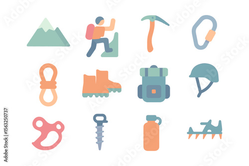Flat hiking and climbing equipment vector illustration for outdoor adventure design