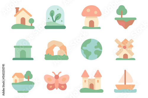 Whimsical pastel vector illustration of fantasy icons for digital projects