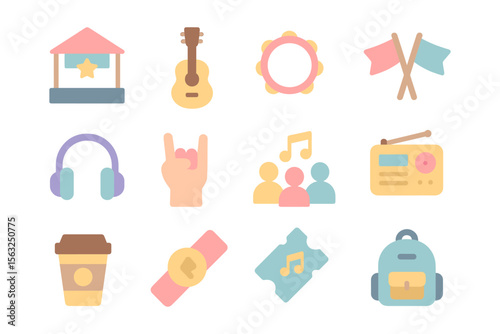 Music festival icons vector illustration for design: flat style, event, and party concepts