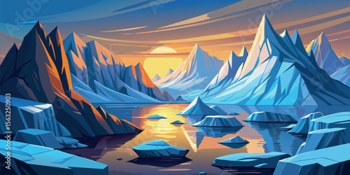Serene Sunset over Glacial Peaks:  Stylized Vector Illustration of a Calm, Cold, and Majestic Arctic Landscape with Icebergs and Mountains Reflecting in a Still Lake at Golden Hour.