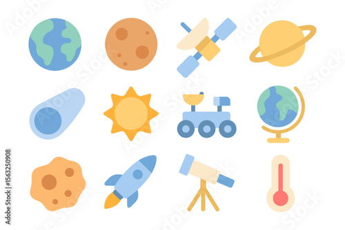 Space elements vector illustration for astronomy enthusiasts in flat style