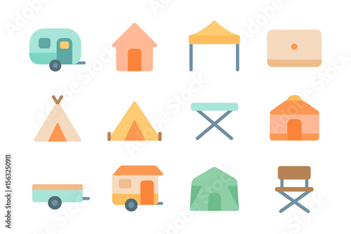 Minimalist camping vector illustration: flat icons for outdoor gear and shelter design
