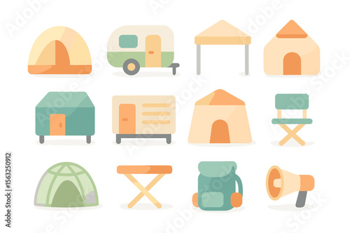 Camping adventure vector illustration - outdoor recreational equipment in flat design for posters and cards