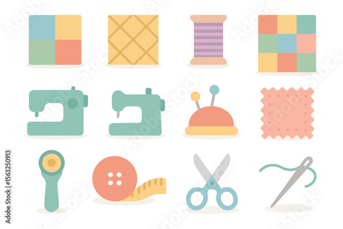 Sewing tools and quilt patterns vector illustration for craft projects in flat style