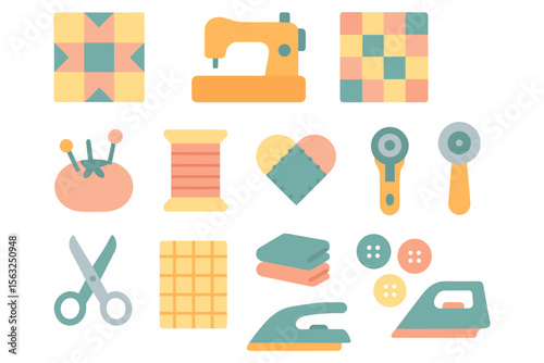 Sewing tools and quilting patterns vector illustration in flat style for design and craft projects