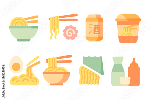Japanese cuisine vector illustration: flat style noodles and condiments for poster design