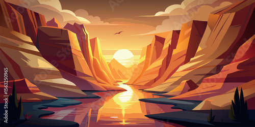 Sunset over Canyon River: Warm-toned, stylized vector illustration of a serene desert landscape, featuring a winding river reflecting the golden sun between majestic sandstone cliffs.