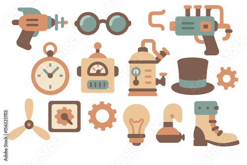 Steampunk gadgets collection vector illustration for design projects in flat style