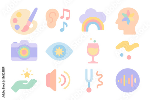 Pastel sensory icons vector illustration: art, music, photography symbol collection in flat style for design projects