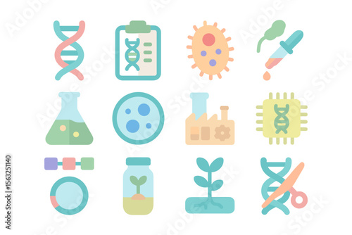 Science and biotechnology vector illustration: bright flat icons for educational and design use