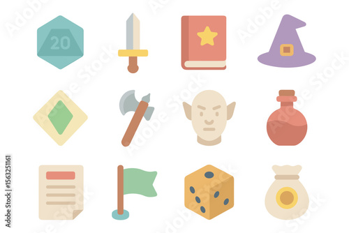 Fantasy adventure game icon set vector illustration - flat style for design and print