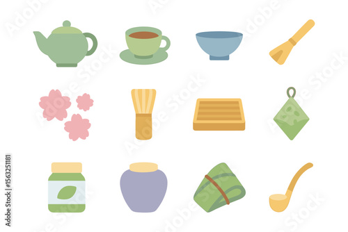 Japanese tea ceremony vector illustration: flat style icons for print and design