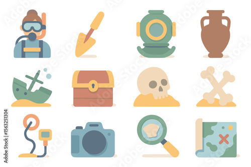 Underwater exploration vector illustration: scuba, archaeology, and marine life icons for print and design