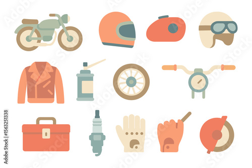 Motorcycle gear and accessories vector illustration - flat style design for posters and cards