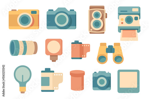 Retro cameras and accessories vector illustration for vintage photography design in flat style