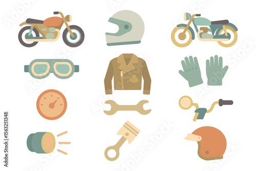 Vintage motorcycle gear and accessories vector illustration for design and print in flat style