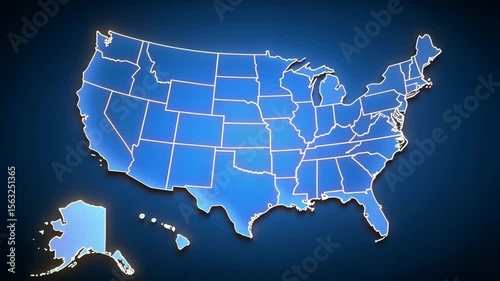Animated glowing United States map displaying all fifty states on a dark blue background with a sleek, modern style.