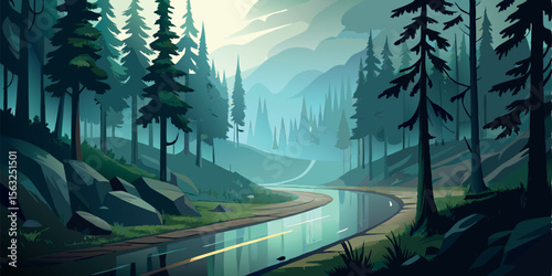 Serene mountain river scene; stylized vector illustration, cool color palette, tranquil mood, winding road, evergreen forest, misty atmosphere, idyllic landscape.
