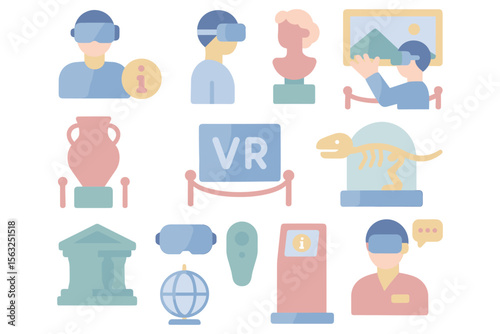 Vr museum experience vector illustration - modern technology meets classical art for interactive learning design