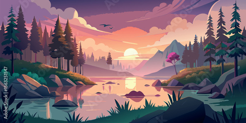 Serene Sunset Landscape:  Stylized Vector Illustration of a Calm Lake, Majestic Mountains, and Tranquil Pine Forest at Dusk, Peaceful and Evocative Mood.