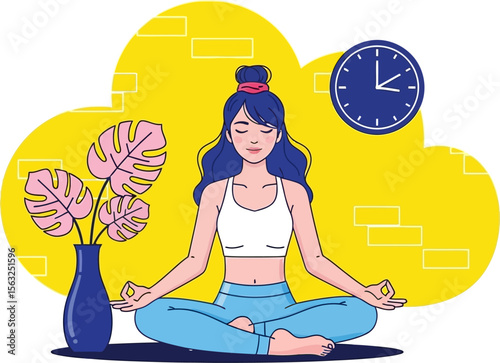 Woman meditation yoga pose illustration wellness lifestyle mental health zen