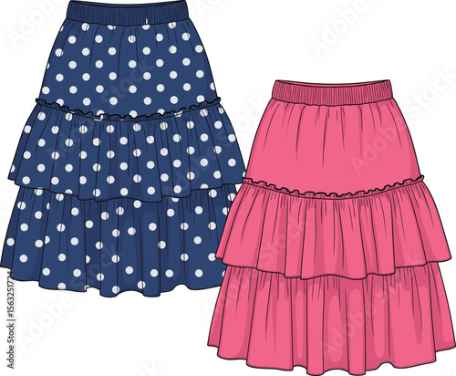 Vector fashion flat sketch of maxi tiered skirts, smocked waistband, floral and solid designs, women’s clothing template, summer outfit, stylish apparel illustration.
