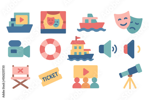 Entertainment and leisure vector illustration: theater, cinema, and travel icons in flat style for poster design