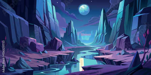Ethereal Nightscape:  Stylized Fantasy River Valley Under a Full Moon, Vibrant Purple and Teal Color Palette,  Digital Painting,  Otherworldly Atmosphere.